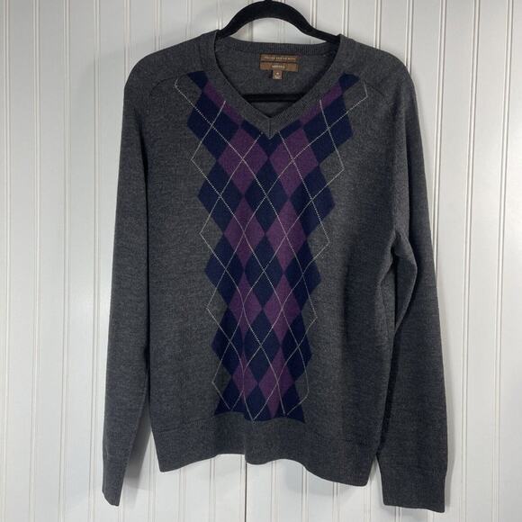 Merona Men Grey Diamond Print Italian Merino Wool Knit Pullover Sweater Size M - Picture 1 of 4
